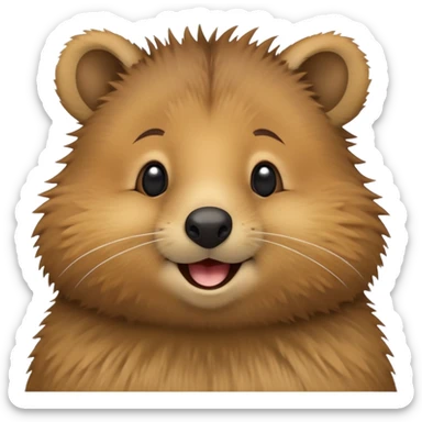 cinematic-realistic quokka-emoji,-small-round-frame, head tilted in an endearing manner, comical smile, giant-fluffy-cheeks-large-smile-fluffy-brown-fur-radiating-a-warm-softness,-big-round-eyes-filled-with-joy, realisticround  fluffy zoomed in, large black eyes sticker