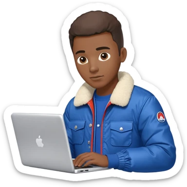 Black guy in a blue moncler jacket and a work shirt typing on a laptop  sticker
