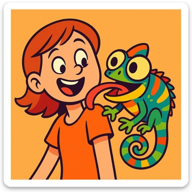amusing chameleon with exaggerated eyes licking a girl's shoulder, cartoon style, colorful sticker