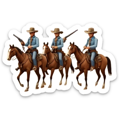 Icon for Western: A vintage movie poster-style design with cowboys on horseback, dusty desert landscape, and a setting sun. Include cowboy hats, revolvers, and an old saloon. The design should have bold typography and a retro cinematic feel. Transparent background. sticker