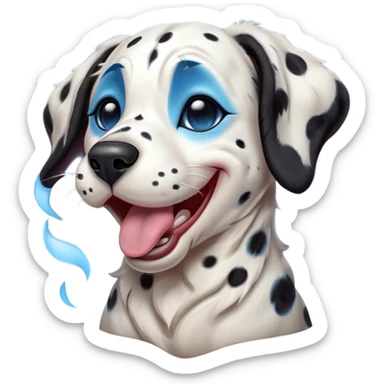 Cinematic Cute Yawning Harlequin Dalmatian Portrait Emoji, Head tilted slightly with a dramatic, wide-open yawn, showcasing a smooth Fur of predominantly white with bold black patches, floppy ears slightly drooping, round blue eyes barely open in drowsy contentment, Simplified yet irresistibly adorable features, highly detailed, glowing with a soft, cozy glow, high shine, relaxed yet expressive, stylized with a touch of whimsy, bright and endearing, soft glowing outline, capturing the essence of a sleepy yet affectionate guardian, so drowsy it feels like it could stretch out of the screen and curl up for a nap! sticker