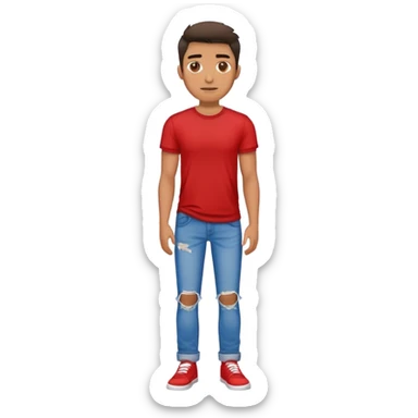 a man in a red shirt and blue ripped jeans sticker