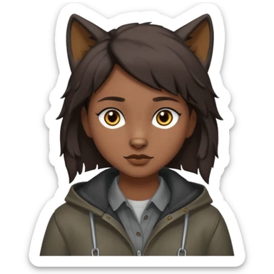 Hobo tomboy with dark brown hair in a wolf cut style that is parted in the middle. brown eyes, dark dull brown coat, grey shirt. sticker