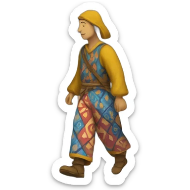 person wearing colorful pattern wide pants, walking, medieval sticker