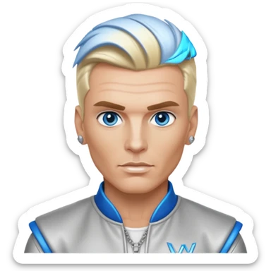 Vanilla Ice with blue eyes, blonde hair, silver outfit sticker