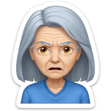 a portrait of angry elderly woman, long hair, wearing shirt sticker