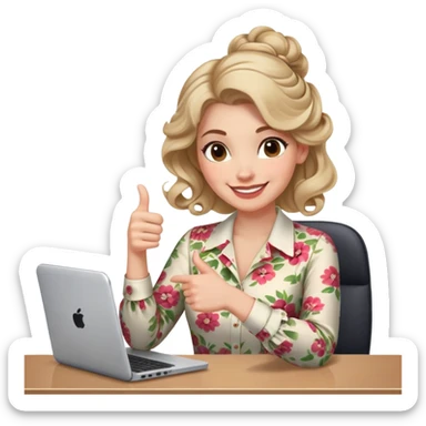 Gender: Female Hair: Perfectly curled half-updo (business on top) Face: Professional smile above camera frame Clothes: Floral blouse top with pajama pants hidden below Action: Thumbs-up gesture while secretly texting under desk sticker