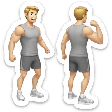To belt Actively gesturing with hands Pale skinned Fit Man With the biceps and light brown hair in gray shirt, gray oversize sports shorts and white Sneakers sticker