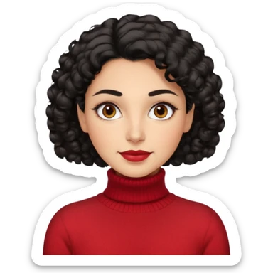 30 yr iranian woman black hair curly wavy short hair, red turtle neck sweater, very thick eyebrows, light skin, dark brown eyes, small smile sticker
