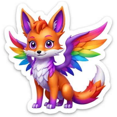 Cartoon Fox dragon hybrid purple eyes with wings face front full body rainbow colored sticker
