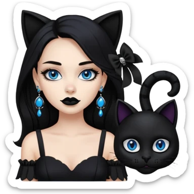 A girl with long black hair and blue eyes, black eyeshadow, black cat eye liner, mascara, and black lipstick,and black skull earrings. Also a black sexy dress   sticker