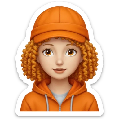 curly haired woman with orange cap and hoodie sticker