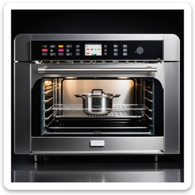 Ein mechanischer Bäcker mit Edelstahlkörper, eingebautem Rührarm, LED-Anzeigen und Touchscreen-Ofen. Die UI ist aus gebürstetem Metall, mit Schrauben, Schaltern und digitalen Displays im Retro-Stil. sticker