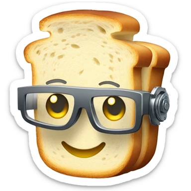 Robotic Cyborg slice of bread with fair skin, flat top haircut, rectangular glasses, circuits and smiling  sticker