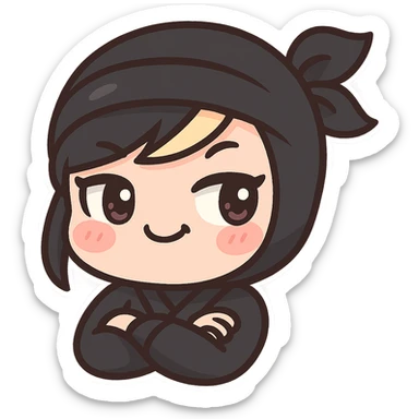 Make the design even more kawaii chibi: super cute, big sparkling eyes, rounder face, smaller mouth, extra soft colors, sexy chibi ninja girl with black short hair and a blonde streak, only head and arms, colorful chibi style, bold outlines, transparent background, no mask, smug grin with a sideways glance and arms crossed, sized for Twitch emoji use. sticker