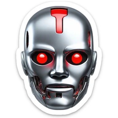 3d glitch chrome human android head, red lazer eyes with letter B on the face, 3d, portrait sticker