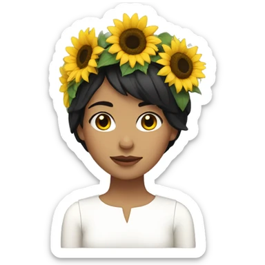 Woman with short black hair using a sunflower crown and white dress sticker