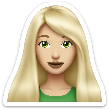 Beautiful woman pink lips with long blonde hair, straight blonde bangs and green eyes, happy expression sticker