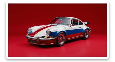 Medium shot of a porsche 911, body of car made of russian capret, red solid studio background, low keu light, top soft light, dutch angle,  captured by ARRI 65 sticker