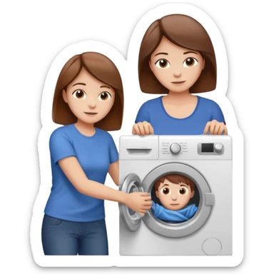 Mother and little son with brown hair putting clothes in the washing machine sticker
