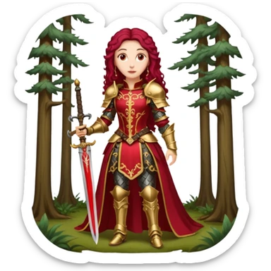 realistic cinematic actress Cher in baroque styling with crimson armor in a forest sticker