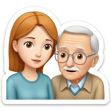 Young adult woman talking to elderly grandfather, family conversation about finances sticker