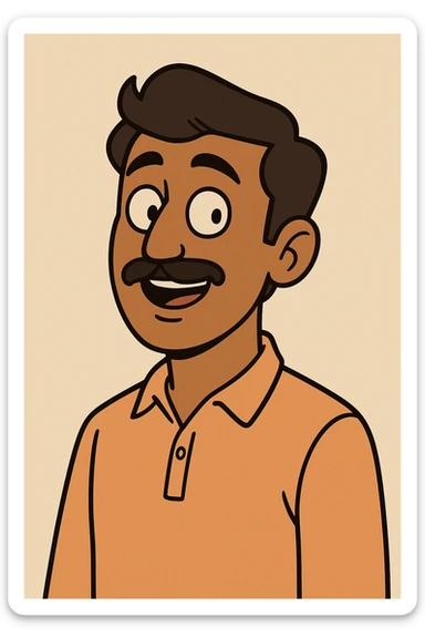 smiling, curious Indian young man with a moustache, cartoon style sticker