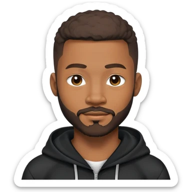 African yound man in his late 20s with a wink and  full short boxed beard and moutache , crew cut hair style, black hoody sticker