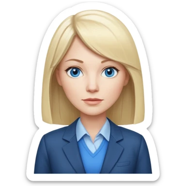 40 yr old white woman, pale skin, long straight blond hair parted in center, blue eyes, bangs, clothes for work sticker