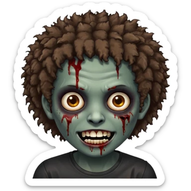 zombie with brown skin, short messy afro hair, wide centered brown eyes, dark bloody marks under the eyes, and a smile showing shiny metal teeth,black shirt, giving a distressed, undead look. sticker