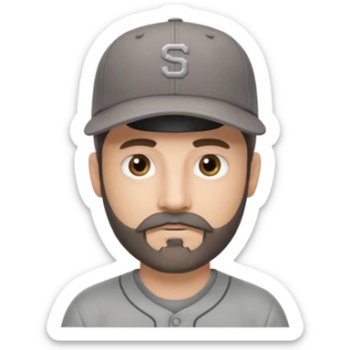 white male with dark brown goatee beard and moustache with grey tones wearing a grey baseball cap back to front with hazel eyes sticker