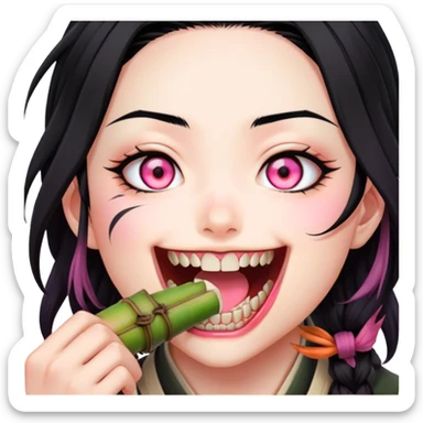 Nezuko from Demon Slayer biting down on bamboo muzzle with teeth visible, pink eyes and black hair with orange tips sticker