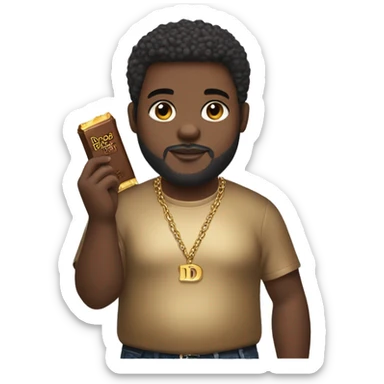 Fat African American with short hair & gold chain, holding a chocolate bar in a Dior shirt with a beard   sticker