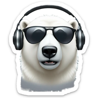 handsome polar bear dj, emoji head, looking forward, wearing dark sunglasses, wearing over-ear headphones on top of head sticker