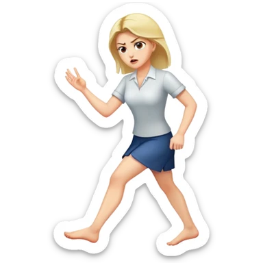 A handsome woman who raises her right foot and looks at anger sticker