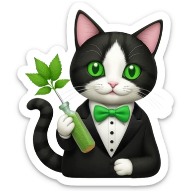Tuxedo cat holding cat nip sticker