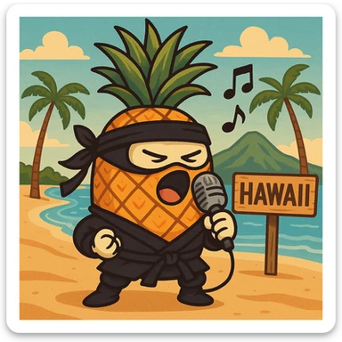 a pineapple singing in Hawaii, wearing a ninja costume sticker