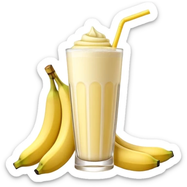 A 3D cartoon glass of banana shake, light yellow creamy texture, straw and banana slice garnish, glossy reflection, natural daylight, Memoji-style. sticker