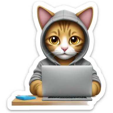 cat is a graphic designer in a hoodie and headphones, working at a computer in photoshop sticker