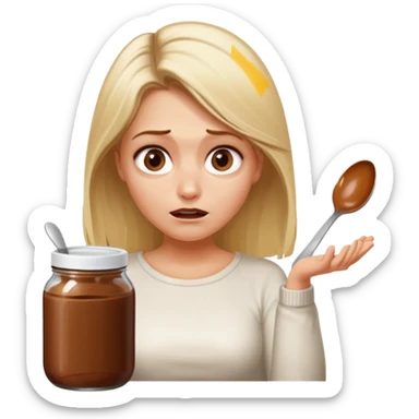Nutella with a spoon. The glas of Nutella is almost empty . Only the one carriage of Nutella. Next to the Nutella is the head of a blond woman who is desperate to eat the Nutella  sticker