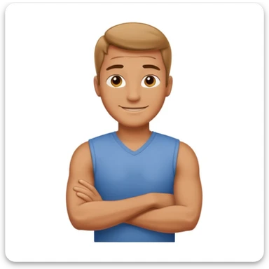 Create a cartoon emoji-style illustration of a smiling man standing confidently with arms crossed. sticker