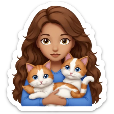 girl with long wavy brown hair, blue eyes, long lashes makeup, cuddling with 6 cute cats sticker