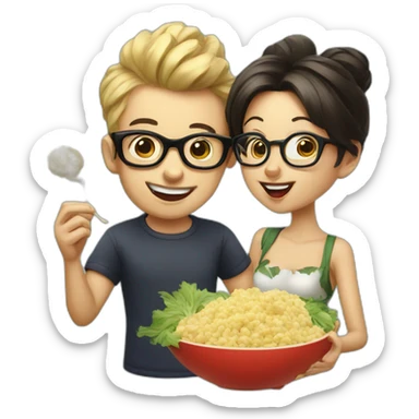Boy with glasses and pin up girl eating garlic sticker