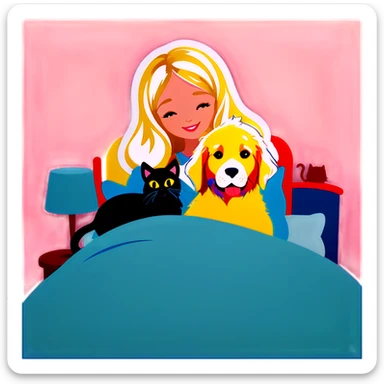 Blonde woman in bed with two cats and a golden retriever sticker