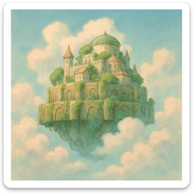 a floating castle with clouds, ghibli style, dreamy, ethereal, soft colors sticker