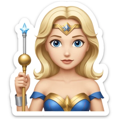 Blonde blue eyed Wonder Woman holding white orchestra conductor’s baton and bell sticker