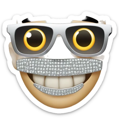 movie star with black sunglasses has shiny diamond teeth, his teeth are diamonds, shiny diamonds and jewels where teeth would be sticker