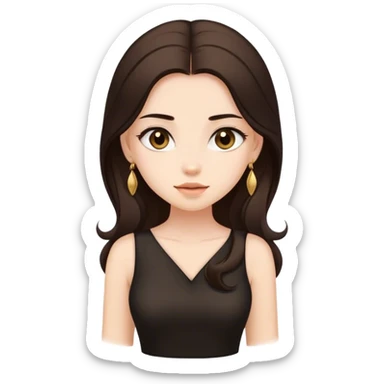 Beautiful woman,cute, long dark brown hair in dark dress with gold earrings sticker