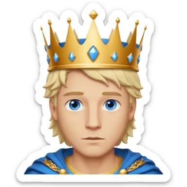 Man with blue eyes, blonde hair, and defined jawline wearing king crown sticker