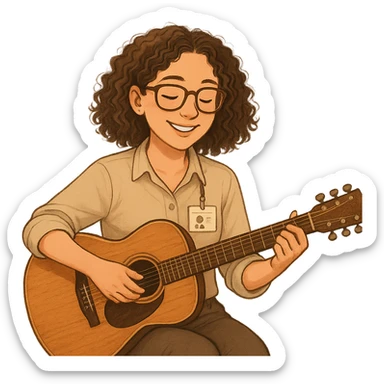Curly brown-haired girl with brown-framed glasses, wearing a shirt, playing guitar, music therapy internship theme, warm, professional, inviting sticker